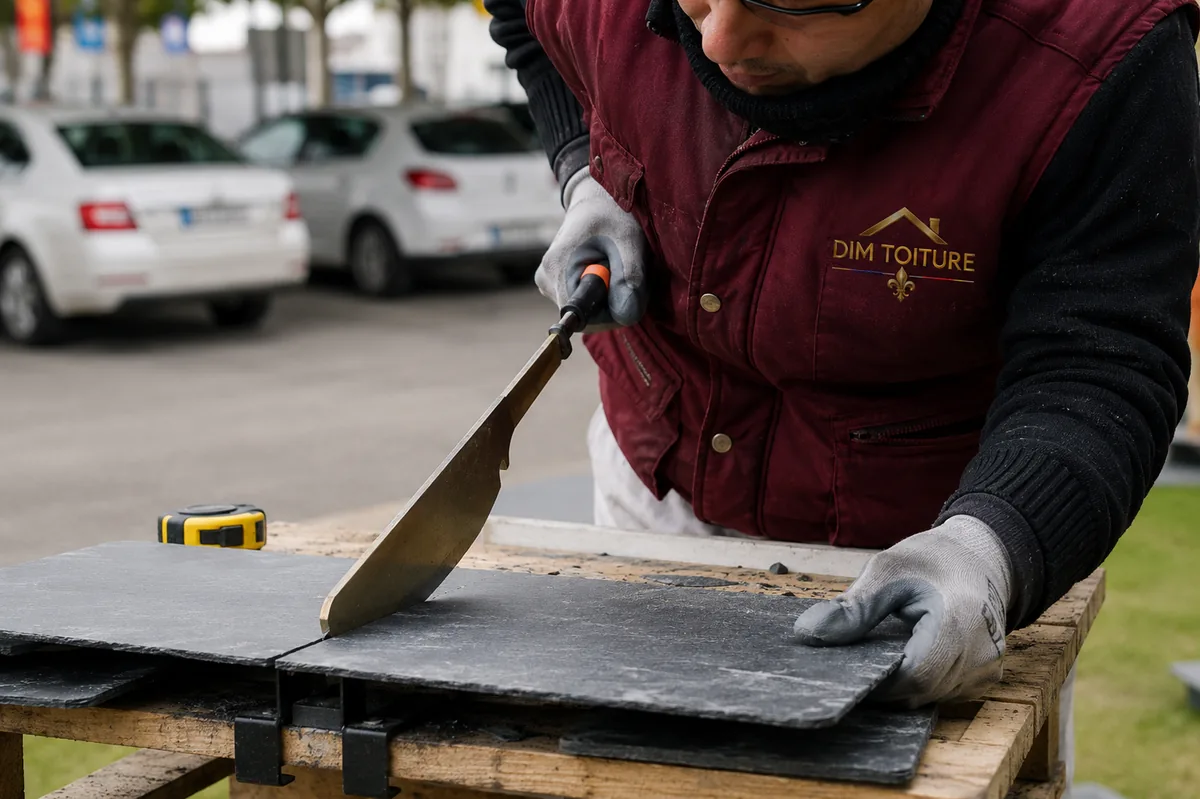 Artisan couvreur Dim Toiture taillant une ardoise à la main
