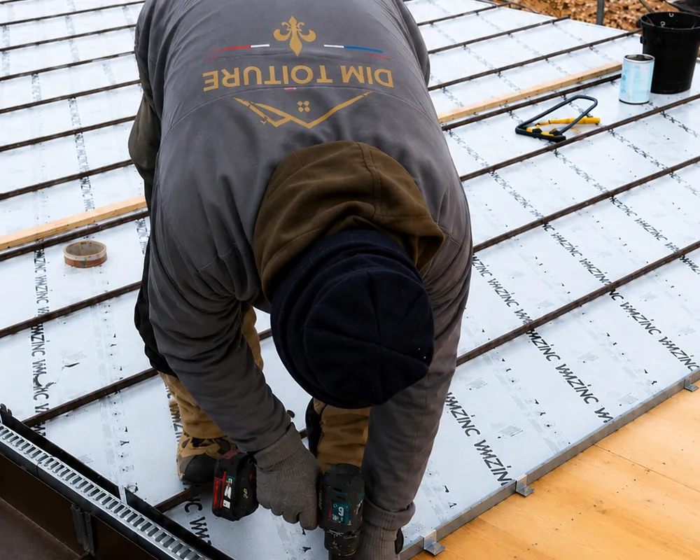 Couvreur de Dim Toiture sertissant un joint debout sur une couverture en zinc
