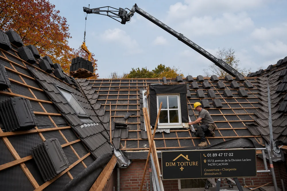Chantier de rénovation de toiture avec grue